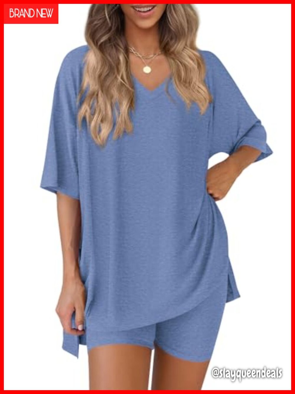 Women's 2 Piece Lounge Set Oversized V Neck Tee & Biker Shorts